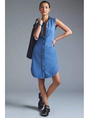 Anthropologie Pilcro Blue Denim Collared Shirt Dress Womens Size 14